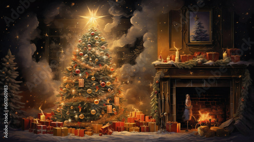 Enchanting Christmas tree by the fireplace background design. Presents, gifts, chimney, Generative AI