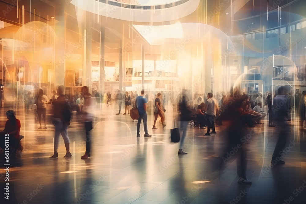 Blurred figures move through a luminous modern terminal