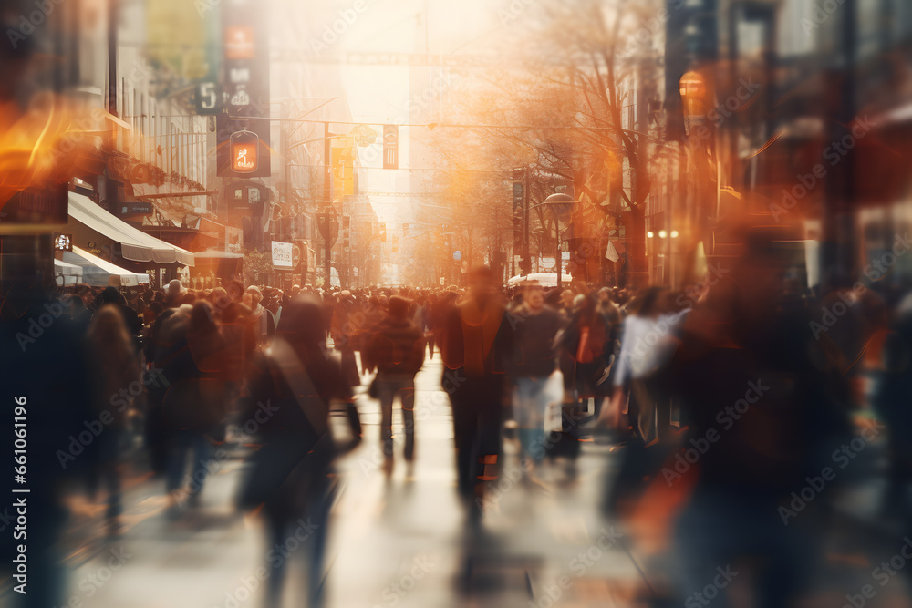 Blurred people walk on a crowdy city street during sunset background wallpaper