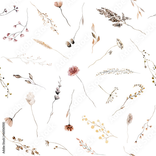 Seamless pattern made of brown  dark red and beige watercolor wild flowers and leaves illustration