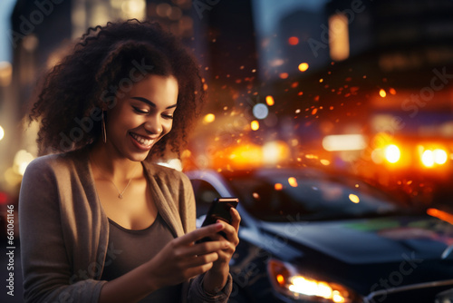 Young black woman with modern afro hair smiling communicating on her phone getting transportation