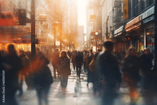 People walk on a busy street bathed in golden sunlight