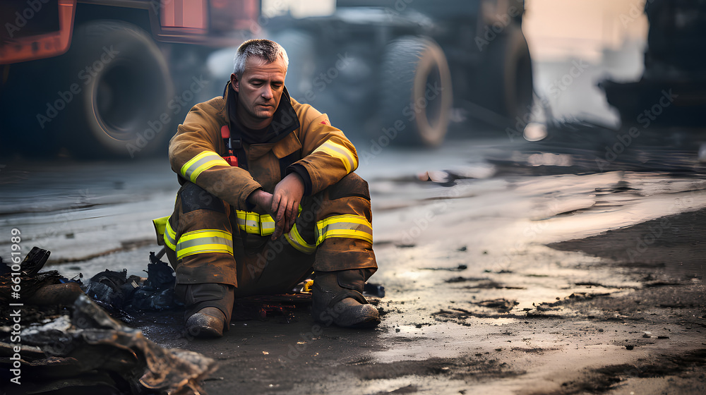 A fireman age of 50 sitting sadly,dirty and tired after fight with fire, on the street - obrazy, fototapety, plakaty 