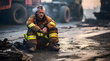 A fireman age of 50 sitting sadly,dirty and tired after fight with fire, on the street