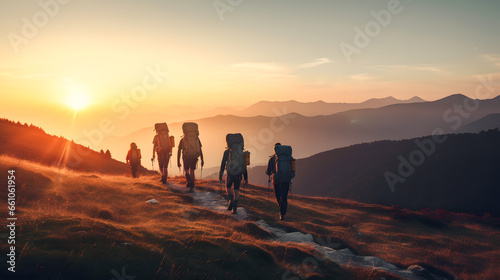 Group tourists of hiker sporty people walks in mountains at sunset with backpacks. Concept banner adventure with copy space © Adin