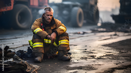 A fireman age of 50 sitting sadly,dirty and tired after fight with fire, on the street photo
