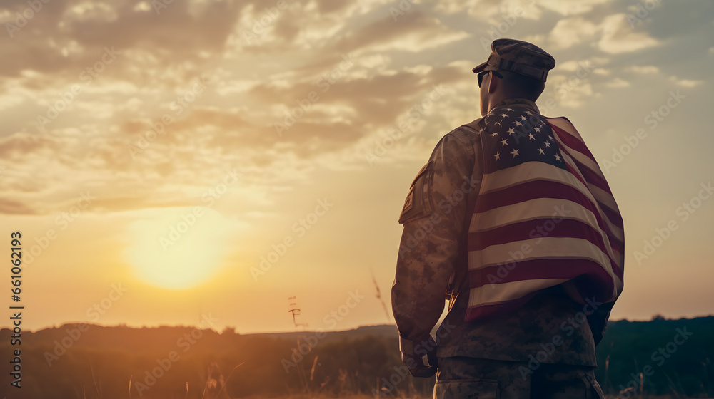 Portrait of man soldier in uniform background flag USA on sunset. Banner private military mission.