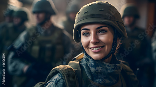 Portrait of smile young woman in uniform background team army. Banner private military mission photo