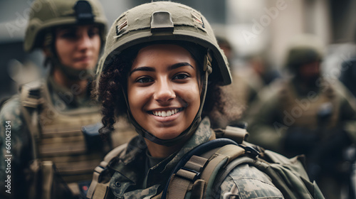 Portrait of smile young woman in uniform background team army. Banner private military mission © Adin