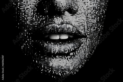 Pixelated close-up of a human mouth and part of a nose on a black background