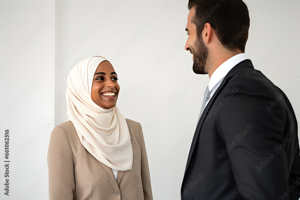 A joyful woman in a hijab speaks with a businessman against a white backdrop