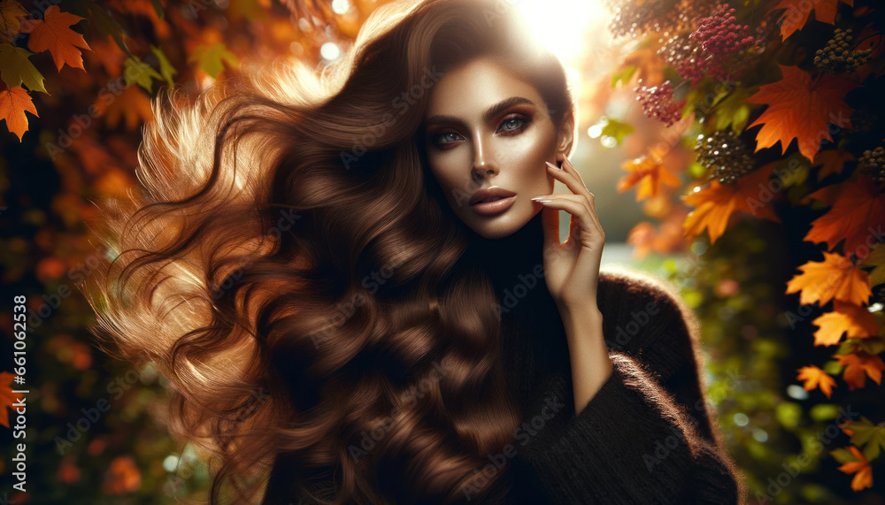 Confident Woman with Luxurious Brown Hair in Autumn