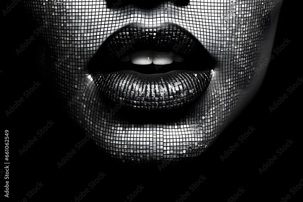Detailed mesh patterned lips and chin emerge from deep blackness