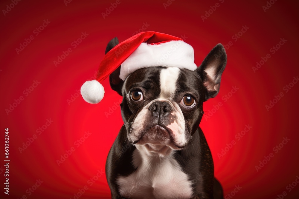 Happy and cheerful boston terrier dog in a santa claus hat on clear bright red background. Christmas pet. Happy New Year concept. Festive banner or backdrop with copy space - obrazy, fototapety, plakaty 