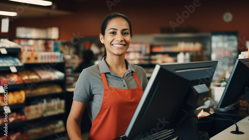 Portrait of woman cashier smiling working at a supermarket.