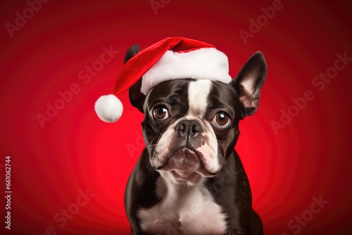 Happy and cheerful boston terrier dog in a santa claus hat on clear bright red background. Christmas pet. Happy New Year concept. Festive banner or backdrop with copy space photo