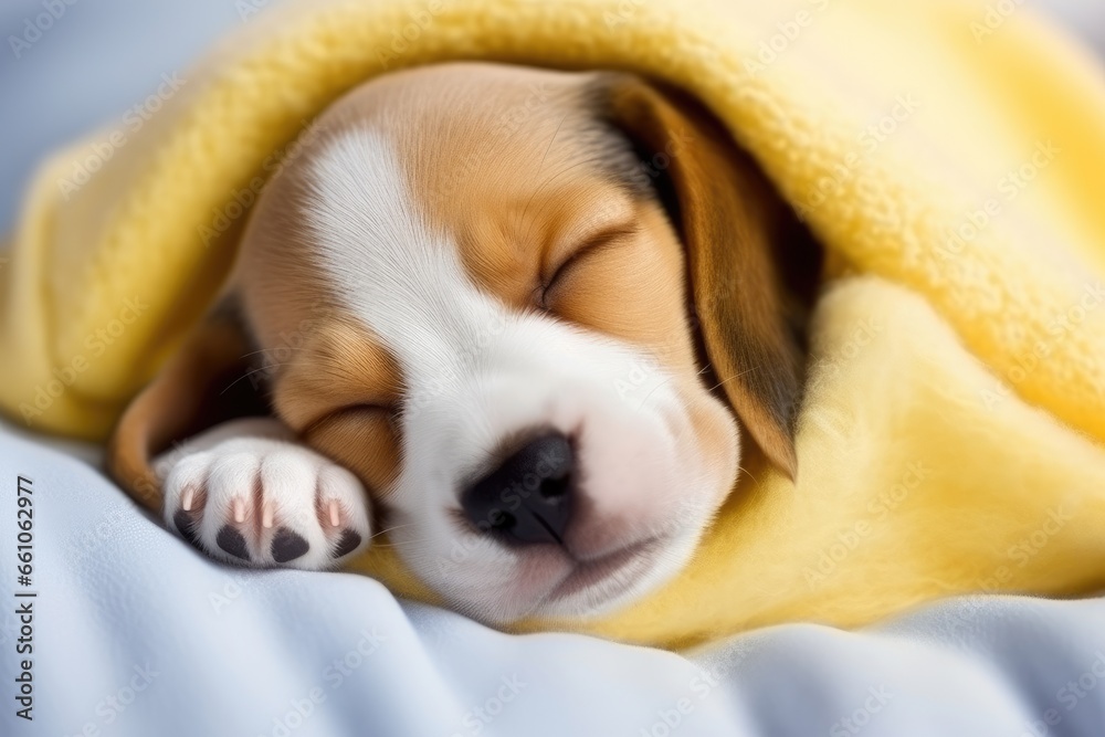 Little Jack Russell terrier puppy sleeping on bed under yellow blanket. Cute dog resting at home. Adored pet sleep on cozy bed