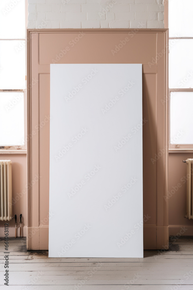 large art print frame canvas mock up in a curated whimsical studio setting with natural light and shadows old vintage building stucco decor 