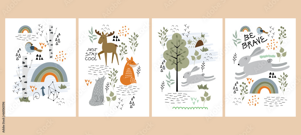 Vector posters with forest animals. Woodland decoration on a white background.