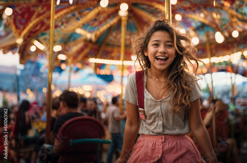 Teenage girl enjoying carousel ride at amusement park, carefree fun and excitement, vibrant carnival atmosphere. copy space, website header. Generative AI