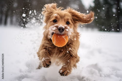 Dog walking in winter park. Yorkshire terrier running on snow and playing with toy at sunny cold day