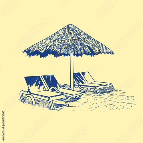 . Beach umbrella  and  four outdoor sun beds.  Vector vintage illustration of summer holiday.