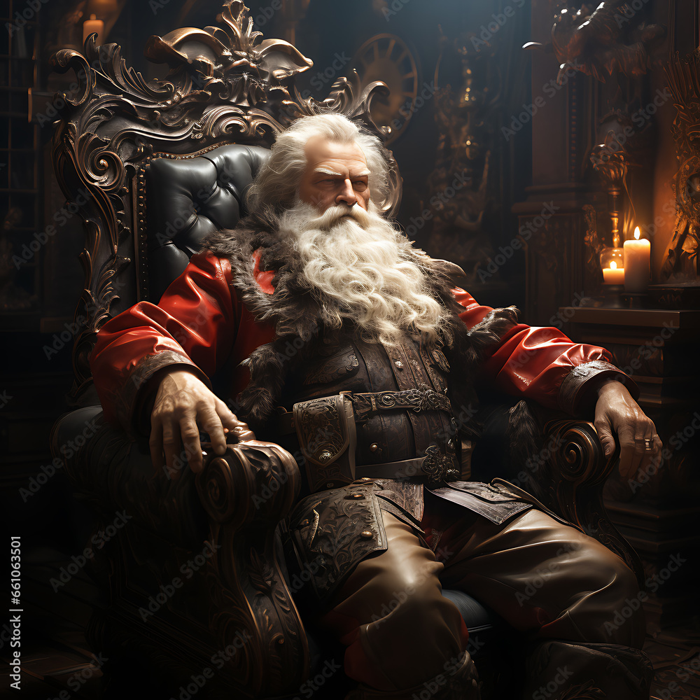 Good old Santa Claus having a rest in  next to the fireplace and Christmas tree.