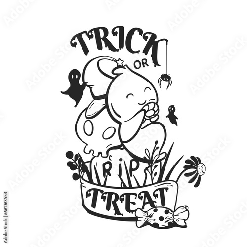 Vector typography emblem with the text "Trick or Treat" and a ghost with candy sitting on a tombstone among flowers leaning against a skull with a magic hat. Halloween label for printing on stickers