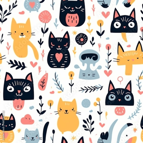 Seamless pattern with cute cartoon cats and hearts. Vector illustration.