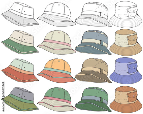 set of color full bucket hat drawing vector, color full bucket hat in a sketch style, template color full for training, vector Illustration.