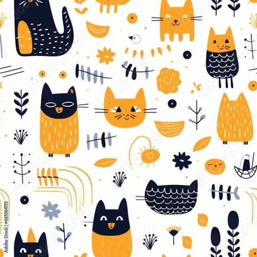 Seamless pattern with cute cartoon cats and hearts. Vector illustration.