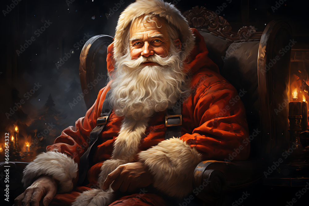 Surprised Santa Claus in a beautiful room next to the fireplace and Christmas tree sits with a sack of gifts