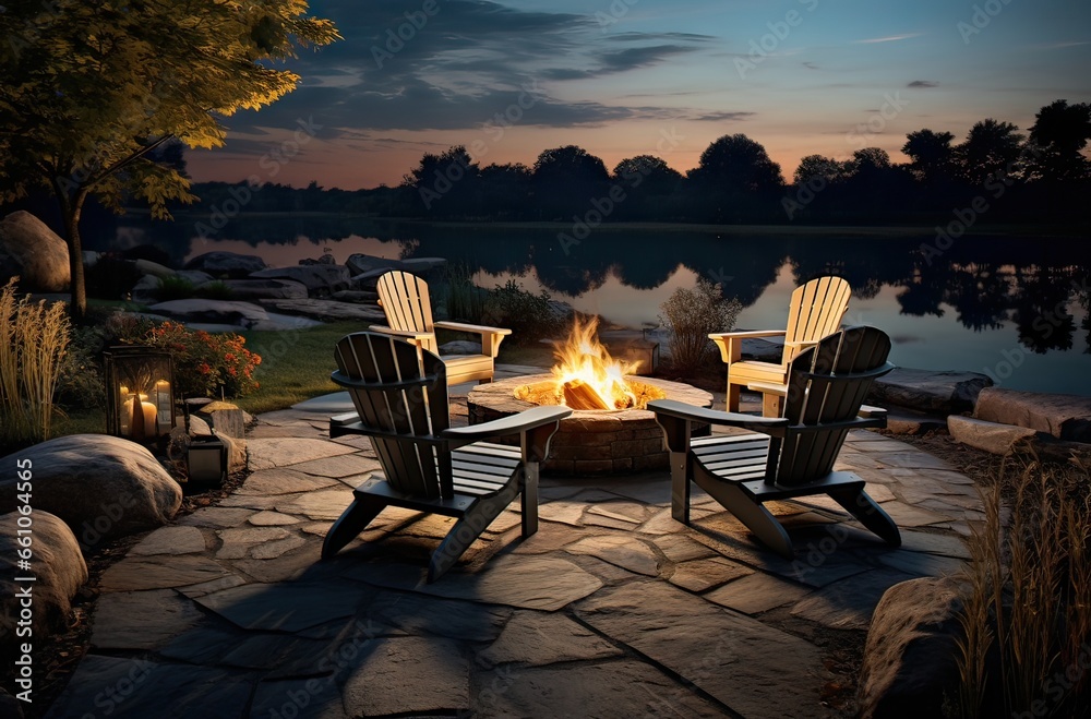 lawn chairs around a fire pit with a lake on the side at sunset moment, cozy concept - obrazy, fototapety, plakaty 