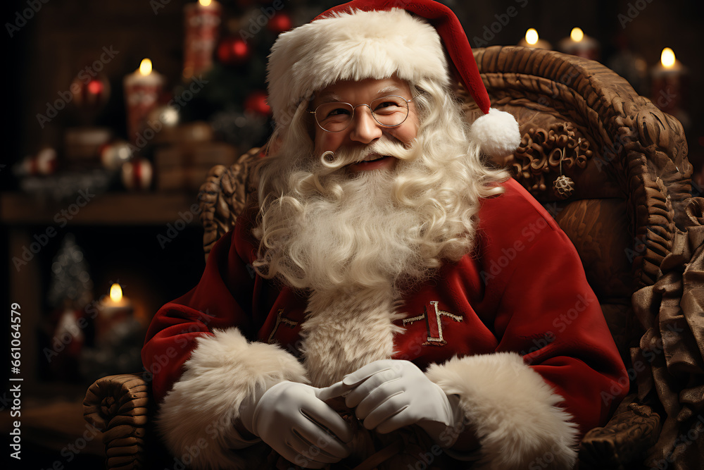 Surprised Santa Claus in a beautiful room next to the fireplace and Christmas tree sits with a sack of gifts Surprised Santa Claus in a beautiful room next to the fireplace and Christmas tree sits with a sack of gifts