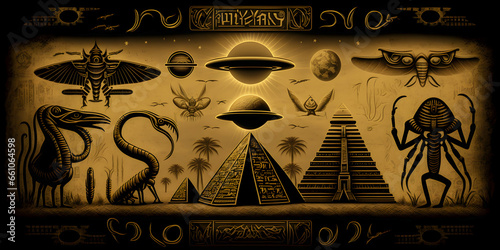 Egyptian hieroglyphs, Egypts people worship aliens UFO flying saucers. Generation AI.