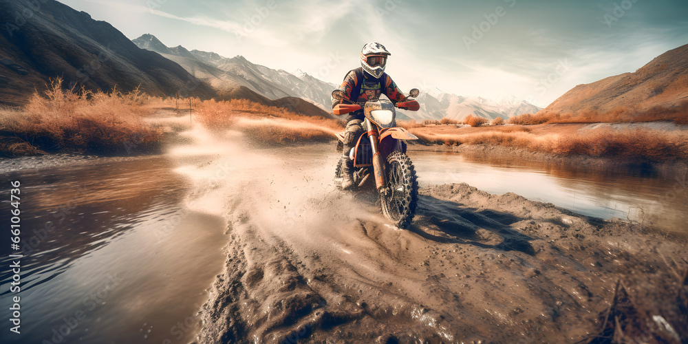 Naklejka premium Rider biker Moto cross riding in mountain with dust. Extreme motocross sport banner