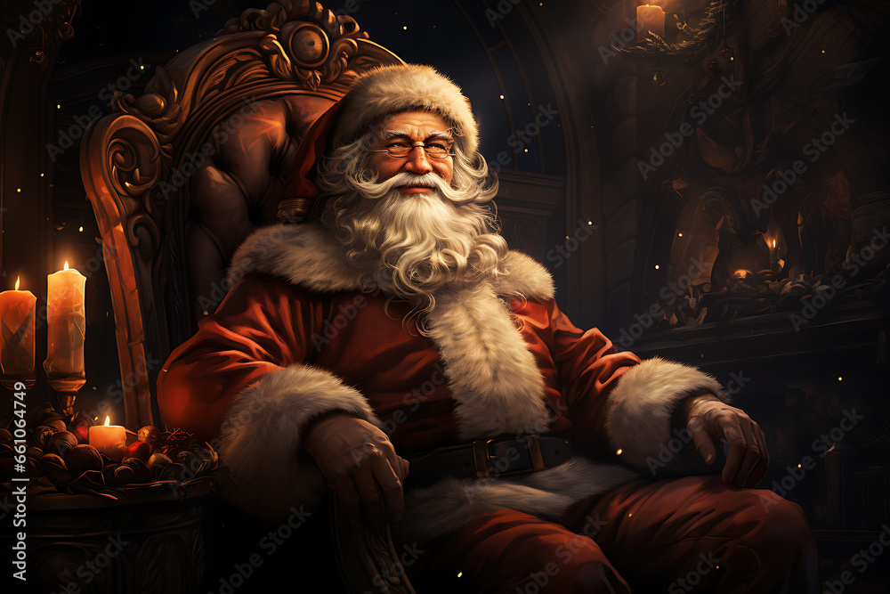 Surprised Santa Claus in a beautiful room next to the fireplace and Christmas tree sits with a sack of gifts Surprised Santa Claus in a beautiful room next to the fireplace and Christmas tree sits with a sack of gifts