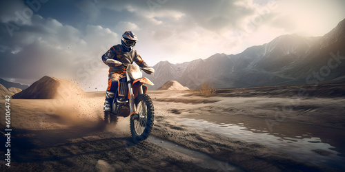 Rider biker Moto cross riding in mountain with dust. Extreme motocross sport banner © Adin