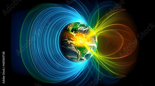 Magnetic lines of Earth surrounded our world north and south poles with galaxy background. Generation AI