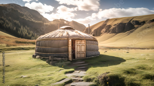 Yurt National old house of asian peoples. Kazakhstan yurta on summer background of green meadows and highlands photo