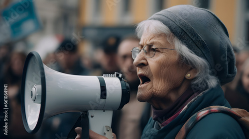 Pensioner caucasian woman hold megaphone and protesting in city. Concept against pension reform demonstration, elderly female activist protesting, strike with group banner