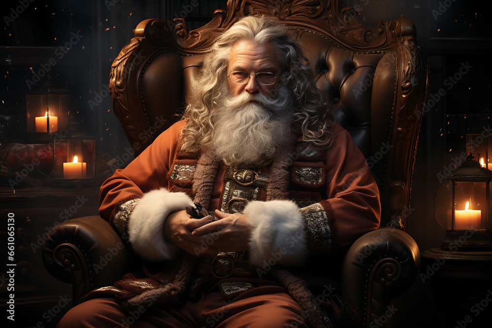 Obraz premium Surprised Santa Claus in a beautiful room next to the fireplace and Christmas tree sits with a sack of gifts 