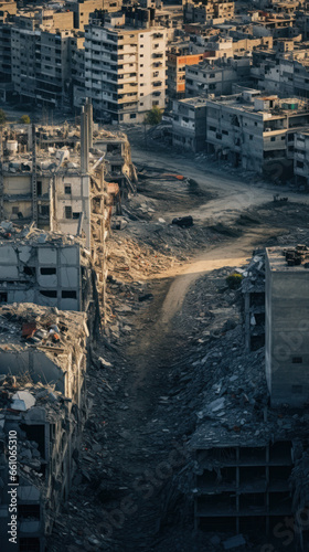 Devastated cityscape showing war-torn buildings and rubble.