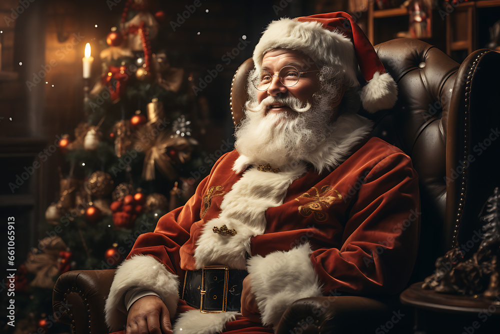 Surprised Santa Claus in a beautiful room next to the fireplace and Christmas tree sits with a sack of gifts 