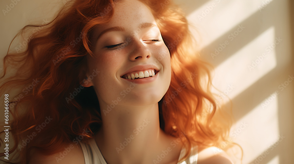 Happy woman with ginger hair and flawless skin smiling with her eyes closed - obrazy, fototapety, plakaty 