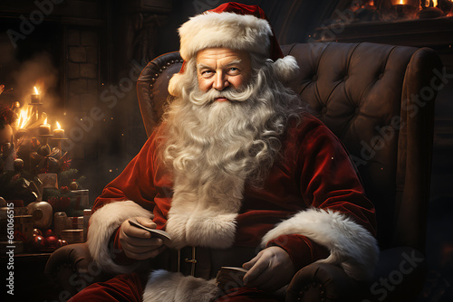 Surprised Santa Claus in a beautiful room next to the fireplace and Christmas tree sits with a sack of gifts 