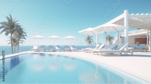 Sea view.Luxury modern white beach hotel with swimming pool