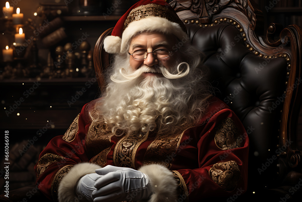 Surprised Santa Claus in a beautiful room next to the fireplace and Christmas tree sits with a sack of gifts