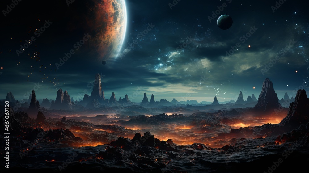 Landscape with planets and a cluster of stars. Footprints in space from the constellations, illustrative image, banner with space for text. Landscape with planets and a cluster of stars. Footprints in space from the constellations, illustrative image, banner with space for text.