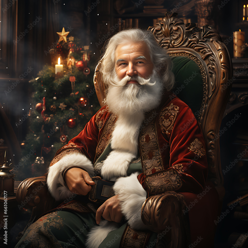 Surprised Santa Claus in a beautiful room next to the fireplace and Christmas tree sits with a sack of gifts